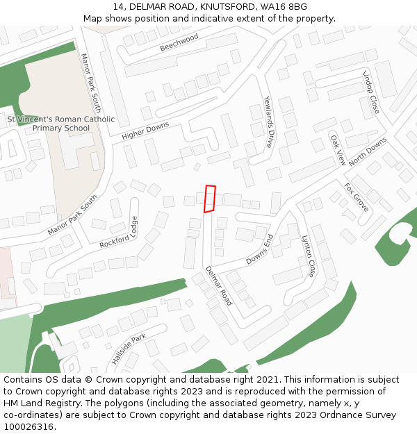 14, DELMAR ROAD, KNUTSFORD, WA16 8BG: Location map and indicative extent of plot
