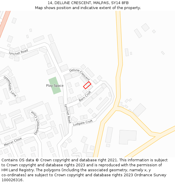 14, DELUNE CRESCENT, MALPAS, SY14 8FB: Location map and indicative extent of plot