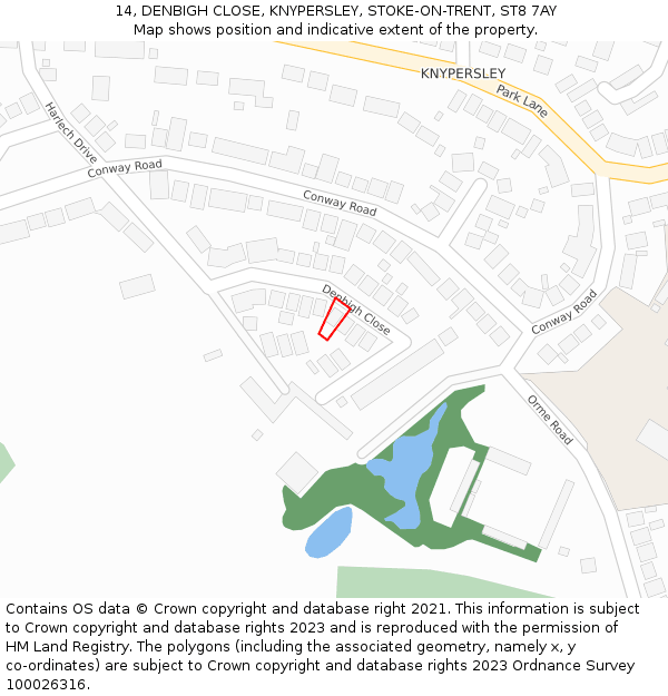 14, DENBIGH CLOSE, KNYPERSLEY, STOKE-ON-TRENT, ST8 7AY: Location map and indicative extent of plot