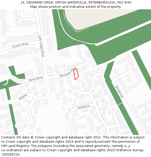 14, DENMARK DRIVE, ORTON WATERVILLE, PETERBOROUGH, PE2 5HN: Location map and indicative extent of plot