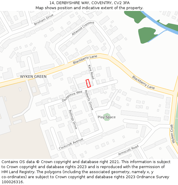 14, DERBYSHIRE WAY, COVENTRY, CV2 3FA: Location map and indicative extent of plot