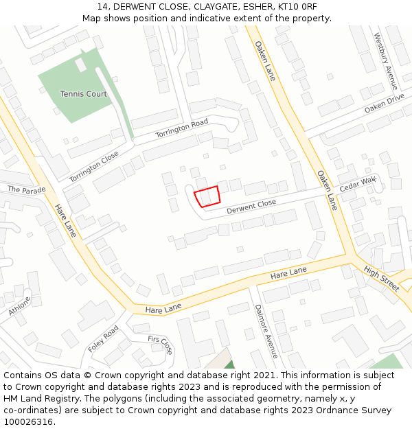 14, DERWENT CLOSE, CLAYGATE, ESHER, KT10 0RF: Location map and indicative extent of plot