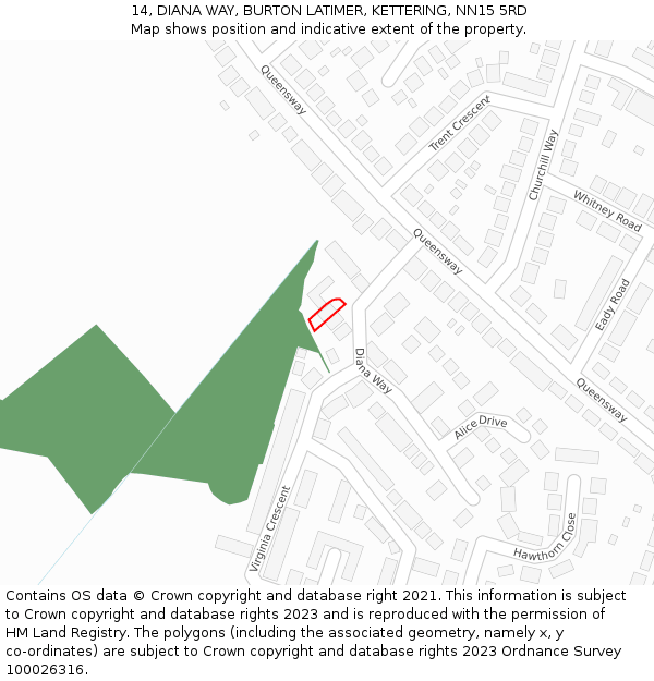 14, DIANA WAY, BURTON LATIMER, KETTERING, NN15 5RD: Location map and indicative extent of plot