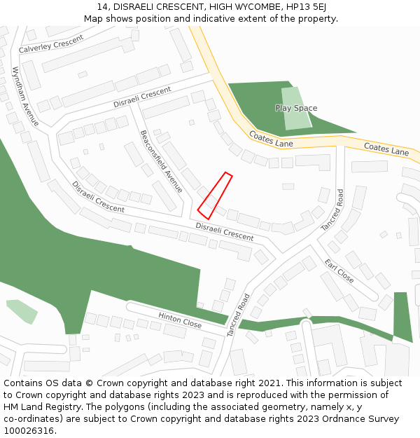 14, DISRAELI CRESCENT, HIGH WYCOMBE, HP13 5EJ: Location map and indicative extent of plot