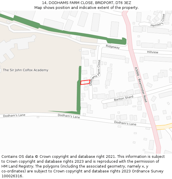 14, DODHAMS FARM CLOSE, BRIDPORT, DT6 3EZ: Location map and indicative extent of plot