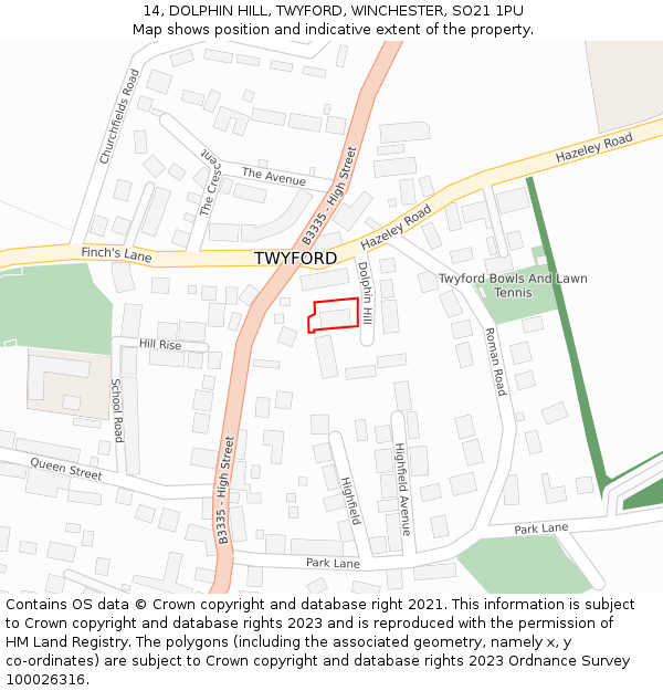 14, DOLPHIN HILL, TWYFORD, WINCHESTER, SO21 1PU: Location map and indicative extent of plot