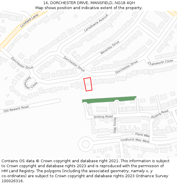 14, DORCHESTER DRIVE, MANSFIELD, NG18 4QH: Location map and indicative extent of plot