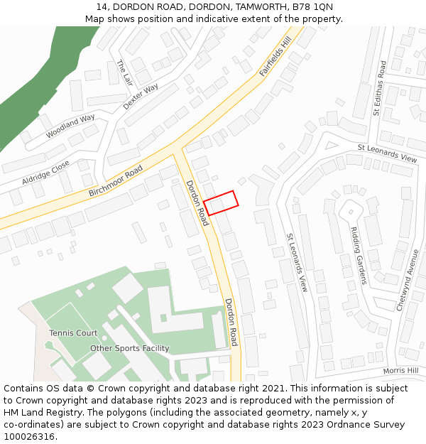 14, DORDON ROAD, DORDON, TAMWORTH, B78 1QN: Location map and indicative extent of plot