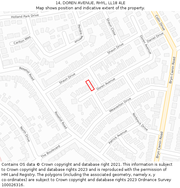 14, DOREN AVENUE, RHYL, LL18 4LE: Location map and indicative extent of plot