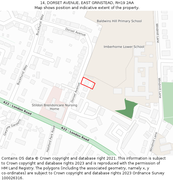 14, DORSET AVENUE, EAST GRINSTEAD, RH19 2AA: Location map and indicative extent of plot