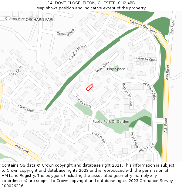 14, DOVE CLOSE, ELTON, CHESTER, CH2 4RD: Location map and indicative extent of plot