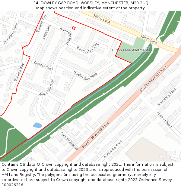 14, DOWLEY GAP ROAD, WORSLEY, MANCHESTER, M28 3UQ: Location map and indicative extent of plot