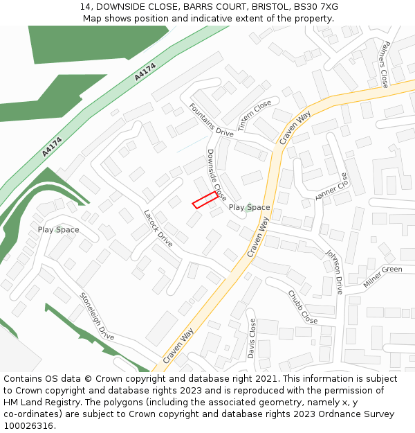 14, DOWNSIDE CLOSE, BARRS COURT, BRISTOL, BS30 7XG: Location map and indicative extent of plot