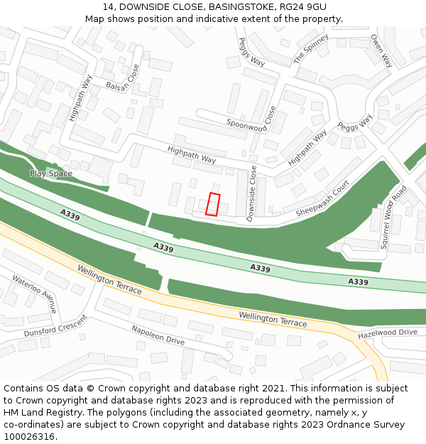 14, DOWNSIDE CLOSE, BASINGSTOKE, RG24 9GU: Location map and indicative extent of plot