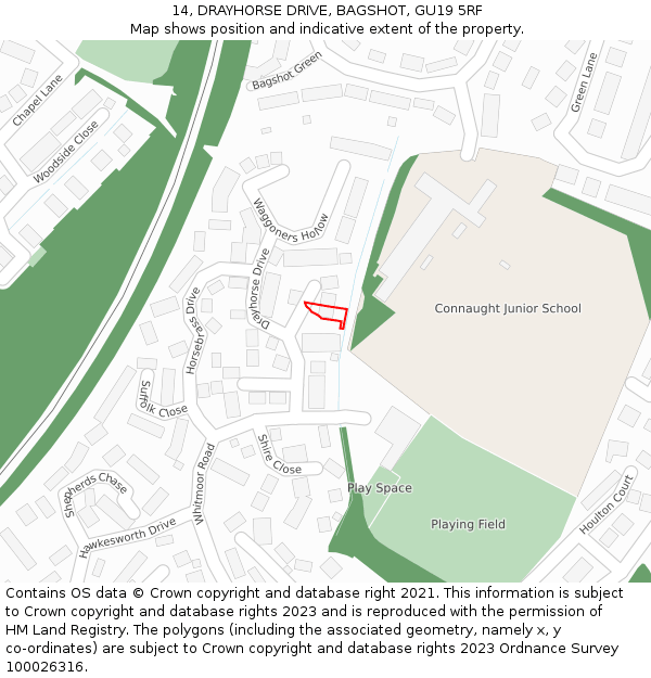 14, DRAYHORSE DRIVE, BAGSHOT, GU19 5RF: Location map and indicative extent of plot