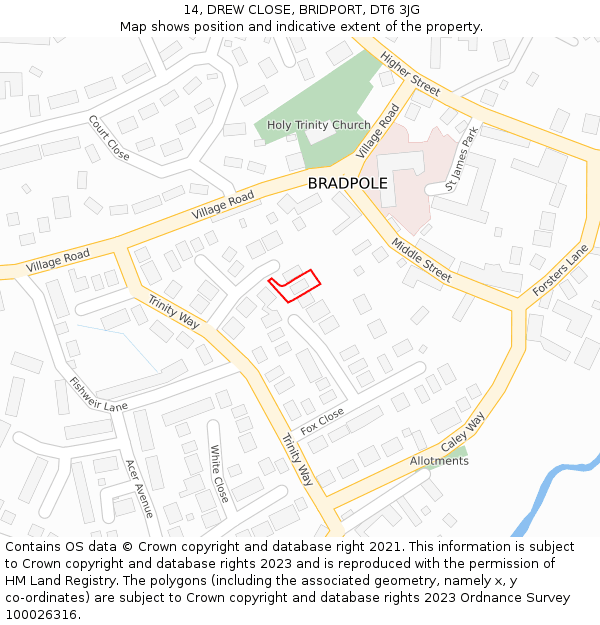 14, DREW CLOSE, BRIDPORT, DT6 3JG: Location map and indicative extent of plot