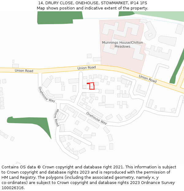 14, DRURY CLOSE, ONEHOUSE, STOWMARKET, IP14 1FS: Location map and indicative extent of plot