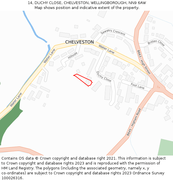 14, DUCHY CLOSE, CHELVESTON, WELLINGBOROUGH, NN9 6AW: Location map and indicative extent of plot