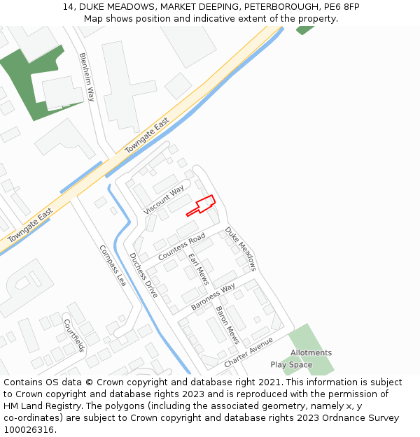 14, DUKE MEADOWS, MARKET DEEPING, PETERBOROUGH, PE6 8FP: Location map and indicative extent of plot