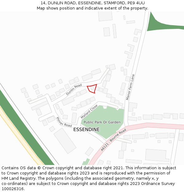 14, DUNLIN ROAD, ESSENDINE, STAMFORD, PE9 4UU: Location map and indicative extent of plot