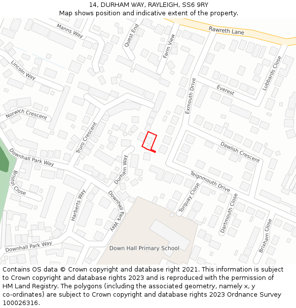 14, DURHAM WAY, RAYLEIGH, SS6 9RY: Location map and indicative extent of plot