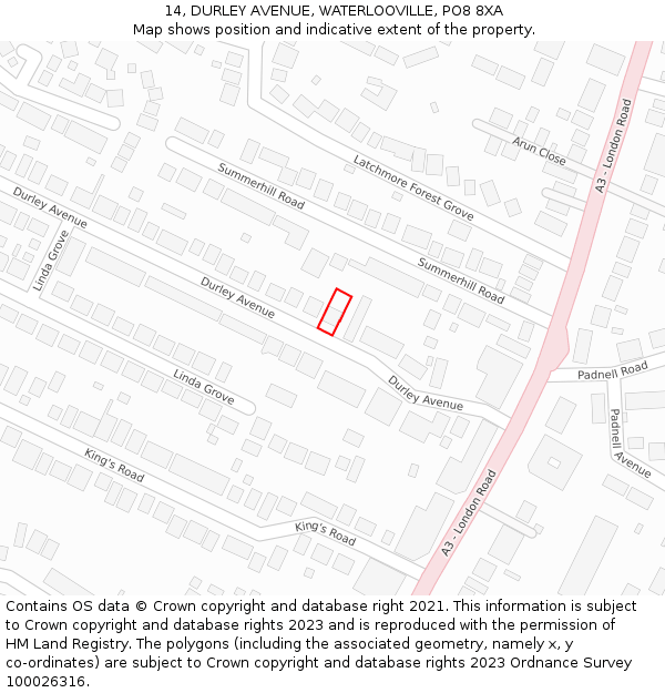 14, DURLEY AVENUE, WATERLOOVILLE, PO8 8XA: Location map and indicative extent of plot