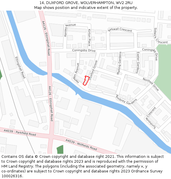 14, DUXFORD GROVE, WOLVERHAMPTON, WV2 2RU: Location map and indicative extent of plot