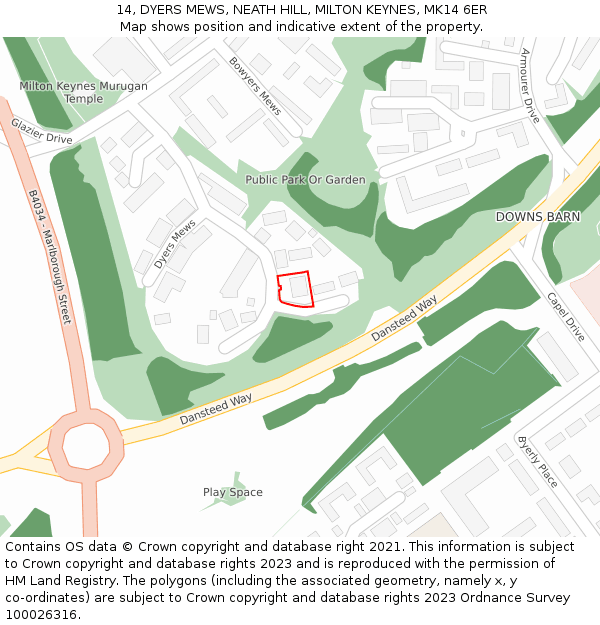 14, DYERS MEWS, NEATH HILL, MILTON KEYNES, MK14 6ER: Location map and indicative extent of plot