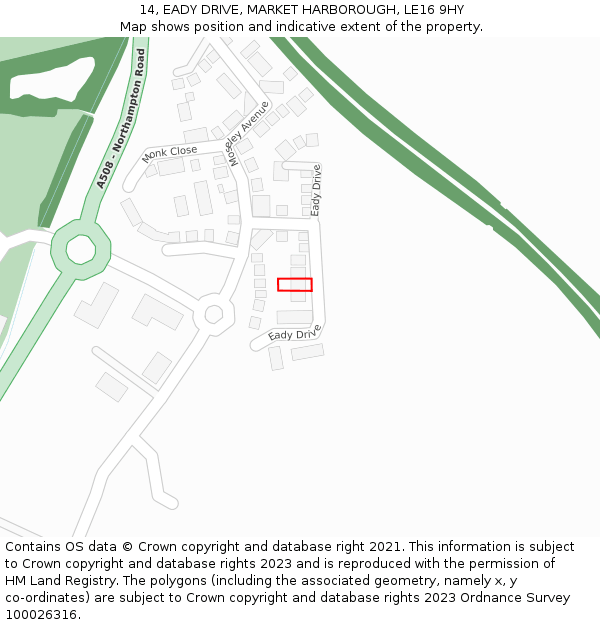14, EADY DRIVE, MARKET HARBOROUGH, LE16 9HY: Location map and indicative extent of plot