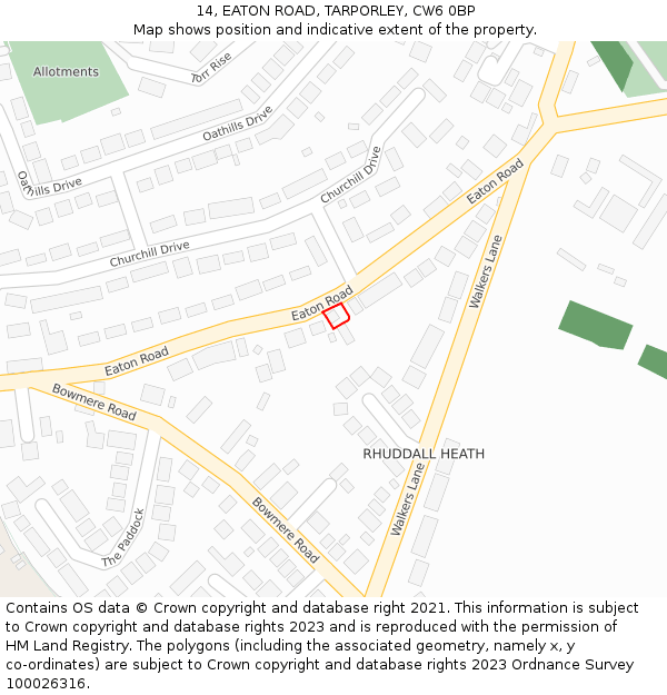 14, EATON ROAD, TARPORLEY, CW6 0BP: Location map and indicative extent of plot