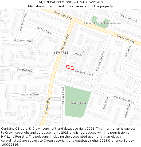14, EDELWEISS CLOSE, WALSALL, WS5 4UX: Location map and indicative extent of plot