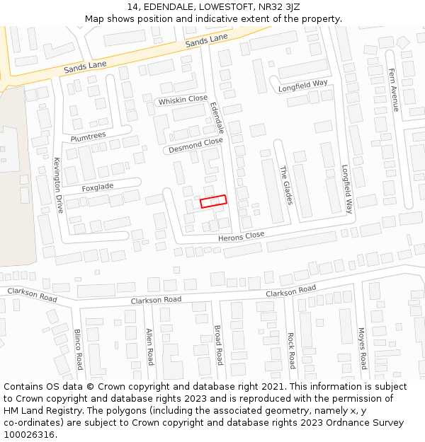 14, EDENDALE, LOWESTOFT, NR32 3JZ: Location map and indicative extent of plot