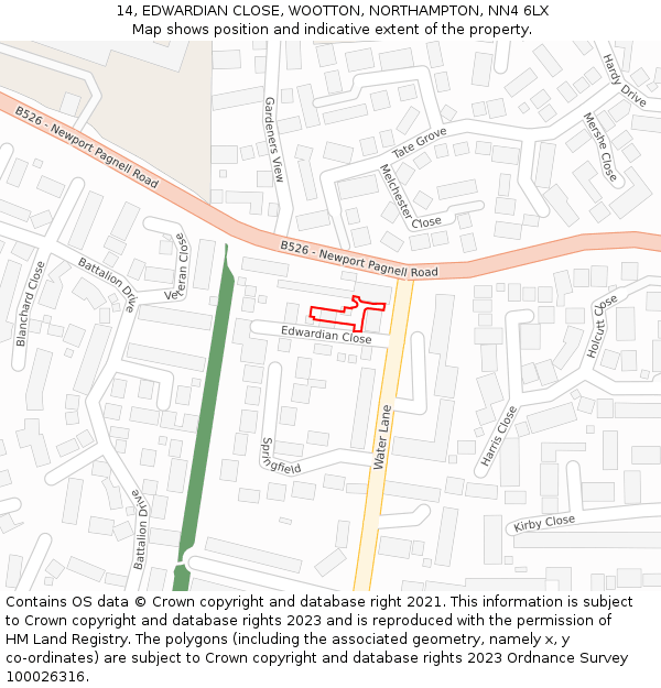 14, EDWARDIAN CLOSE, WOOTTON, NORTHAMPTON, NN4 6LX: Location map and indicative extent of plot