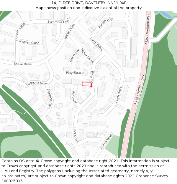 14, ELDER DRIVE, DAVENTRY, NN11 0XE: Location map and indicative extent of plot