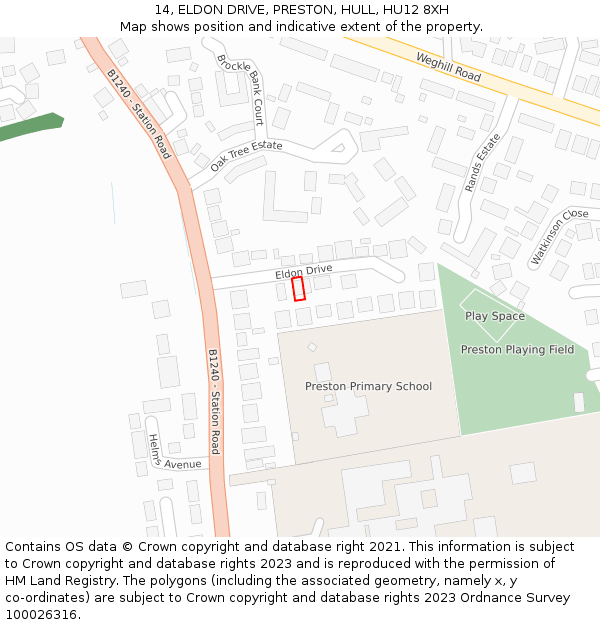 14, ELDON DRIVE, PRESTON, HULL, HU12 8XH: Location map and indicative extent of plot