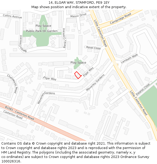 14, ELGAR WAY, STAMFORD, PE9 1EY: Location map and indicative extent of plot