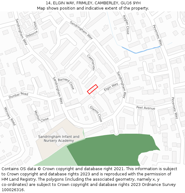 14, ELGIN WAY, FRIMLEY, CAMBERLEY, GU16 9YH: Location map and indicative extent of plot