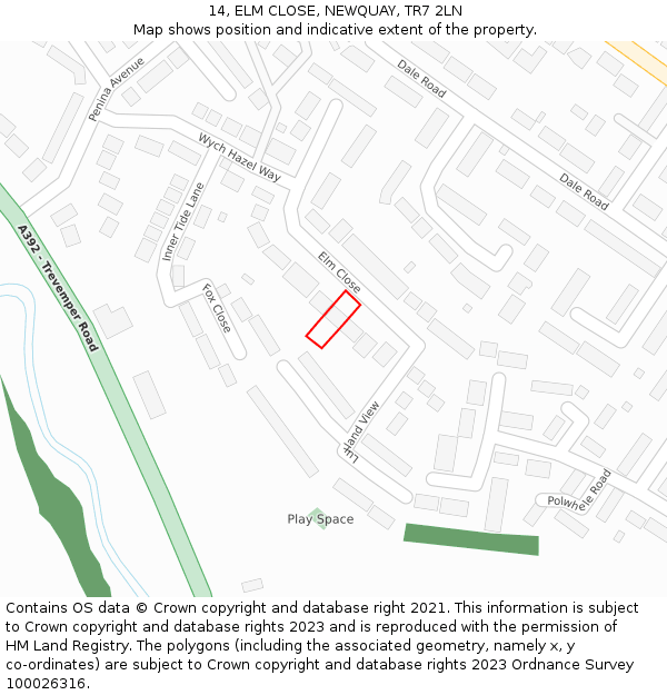 14, ELM CLOSE, NEWQUAY, TR7 2LN: Location map and indicative extent of plot