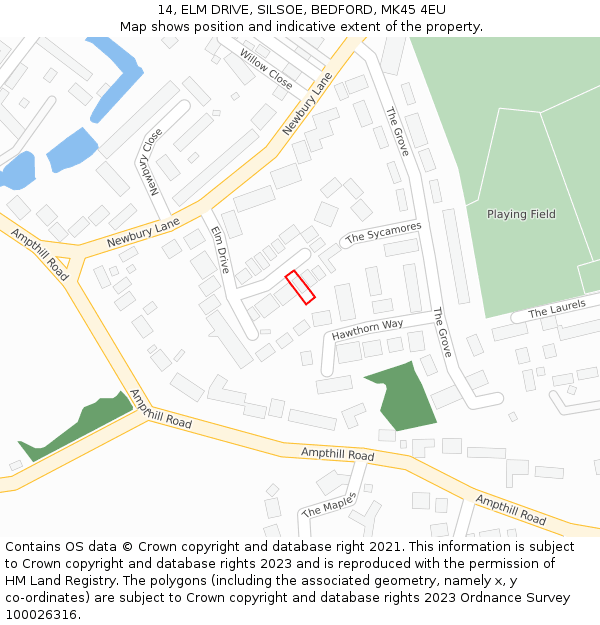 14, ELM DRIVE, SILSOE, BEDFORD, MK45 4EU: Location map and indicative extent of plot