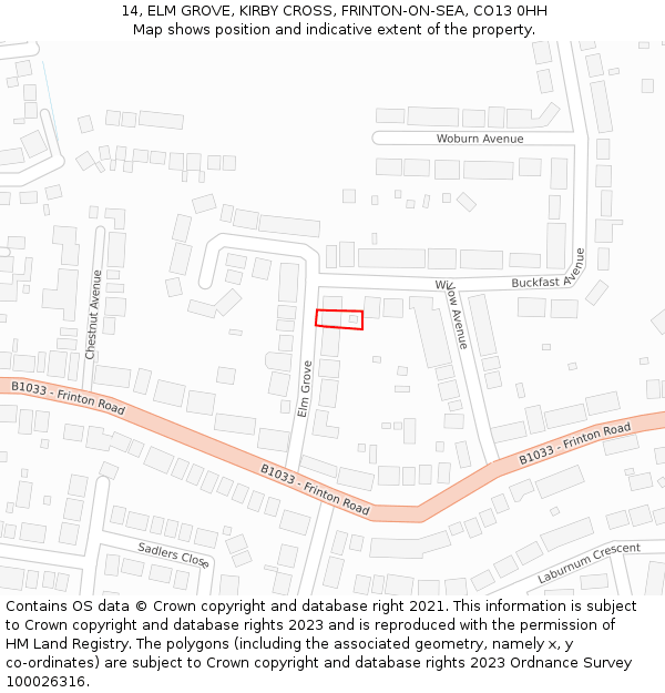 14, ELM GROVE, KIRBY CROSS, FRINTON-ON-SEA, CO13 0HH: Location map and indicative extent of plot