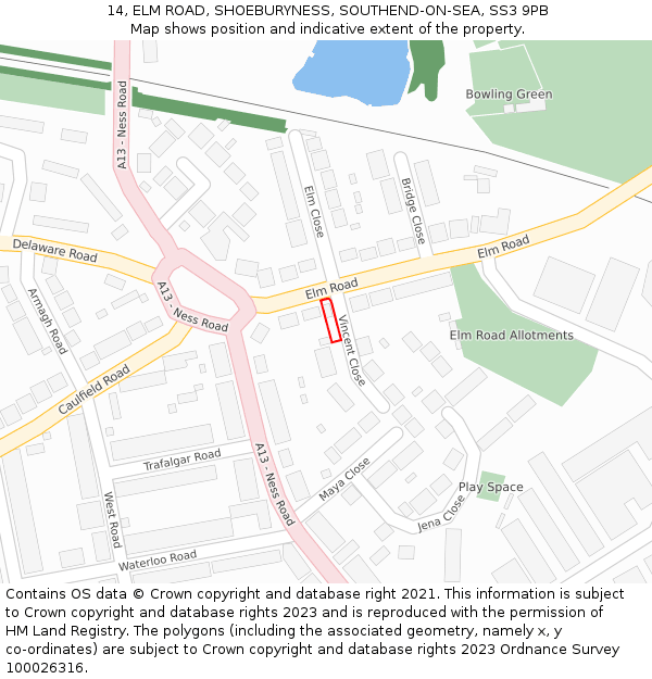 14, ELM ROAD, SHOEBURYNESS, SOUTHEND-ON-SEA, SS3 9PB: Location map and indicative extent of plot