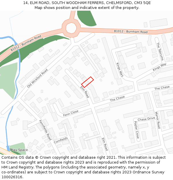 14, ELM ROAD, SOUTH WOODHAM FERRERS, CHELMSFORD, CM3 5QE: Location map and indicative extent of plot