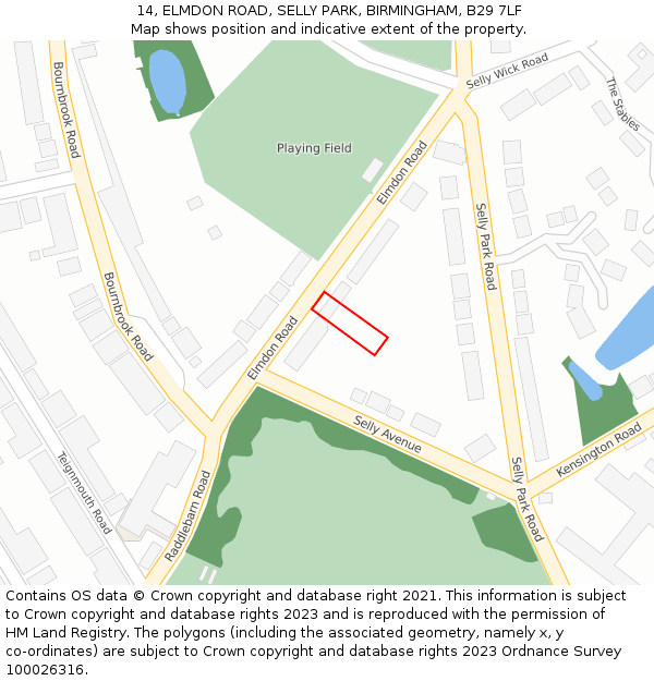 14, ELMDON ROAD, SELLY PARK, BIRMINGHAM, B29 7LF: Location map and indicative extent of plot