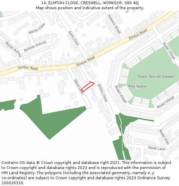 14, ELMTON CLOSE, CRESWELL, WORKSOP, S80 4EJ: Location map and indicative extent of plot
