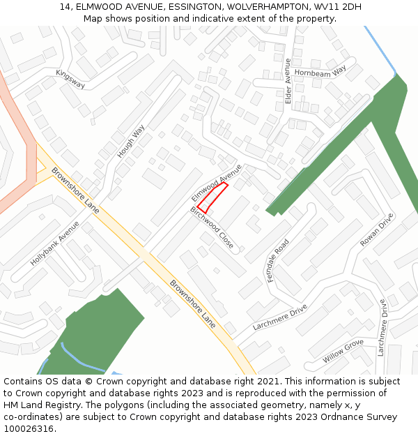 14, ELMWOOD AVENUE, ESSINGTON, WOLVERHAMPTON, WV11 2DH: Location map and indicative extent of plot