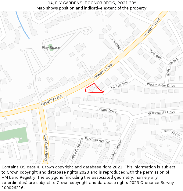 14, ELY GARDENS, BOGNOR REGIS, PO21 3RY: Location map and indicative extent of plot