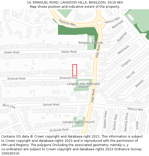 14, EMANUEL ROAD, LANGDON HILLS, BASILDON, SS16 6EX: Location map and indicative extent of plot
