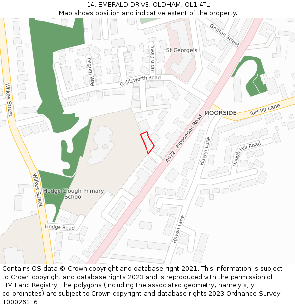 14, EMERALD DRIVE, OLDHAM, OL1 4TL: Location map and indicative extent of plot