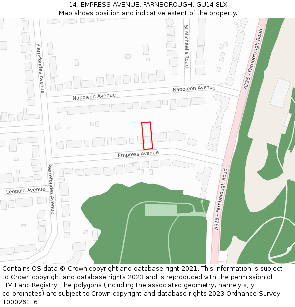 14, EMPRESS AVENUE, FARNBOROUGH, GU14 8LX: Location map and indicative extent of plot