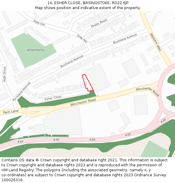 14, ESHER CLOSE, BASINGSTOKE, RG22 6JP: Location map and indicative extent of plot